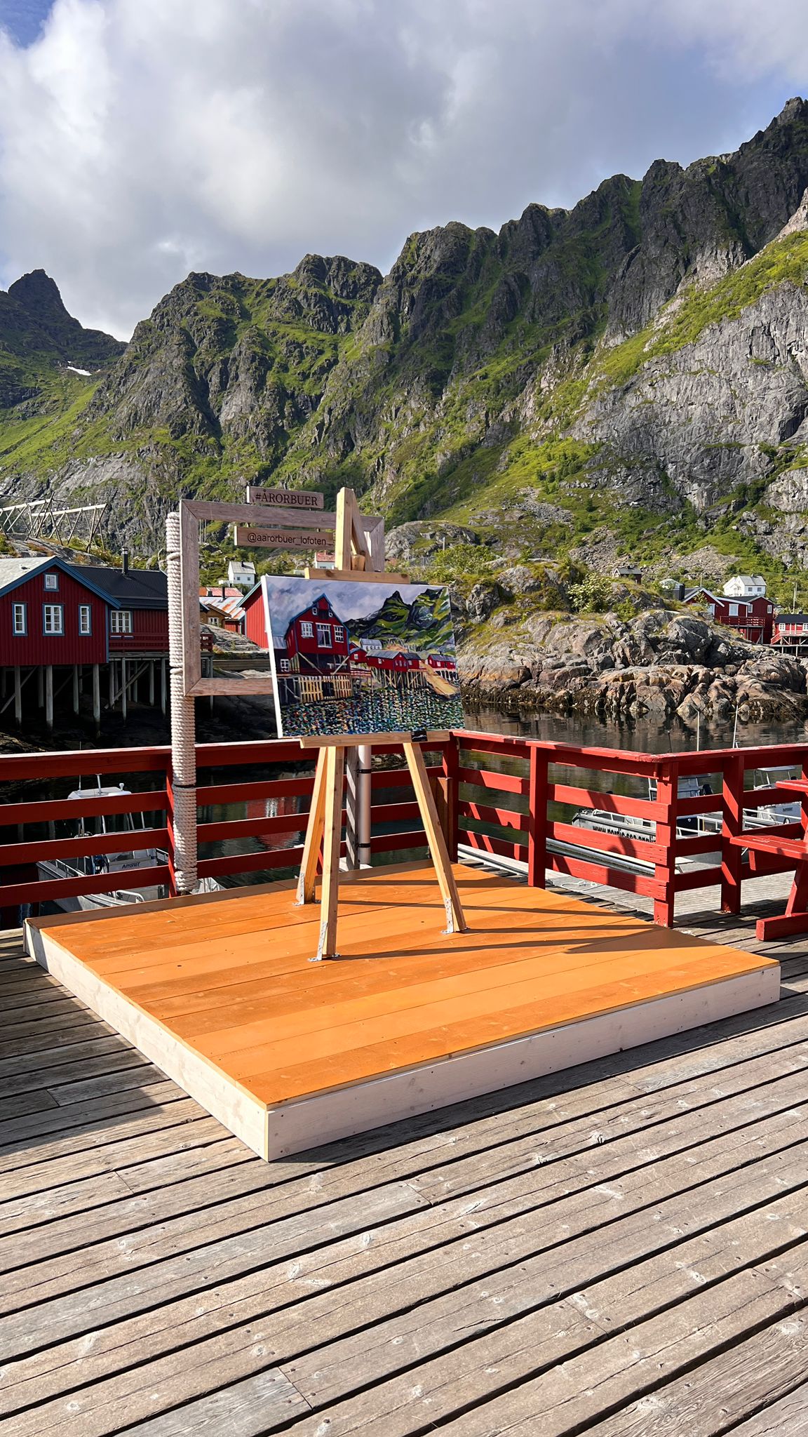 Å installation: aluminium prints on a wooden platform overlooking the fishing village of Å