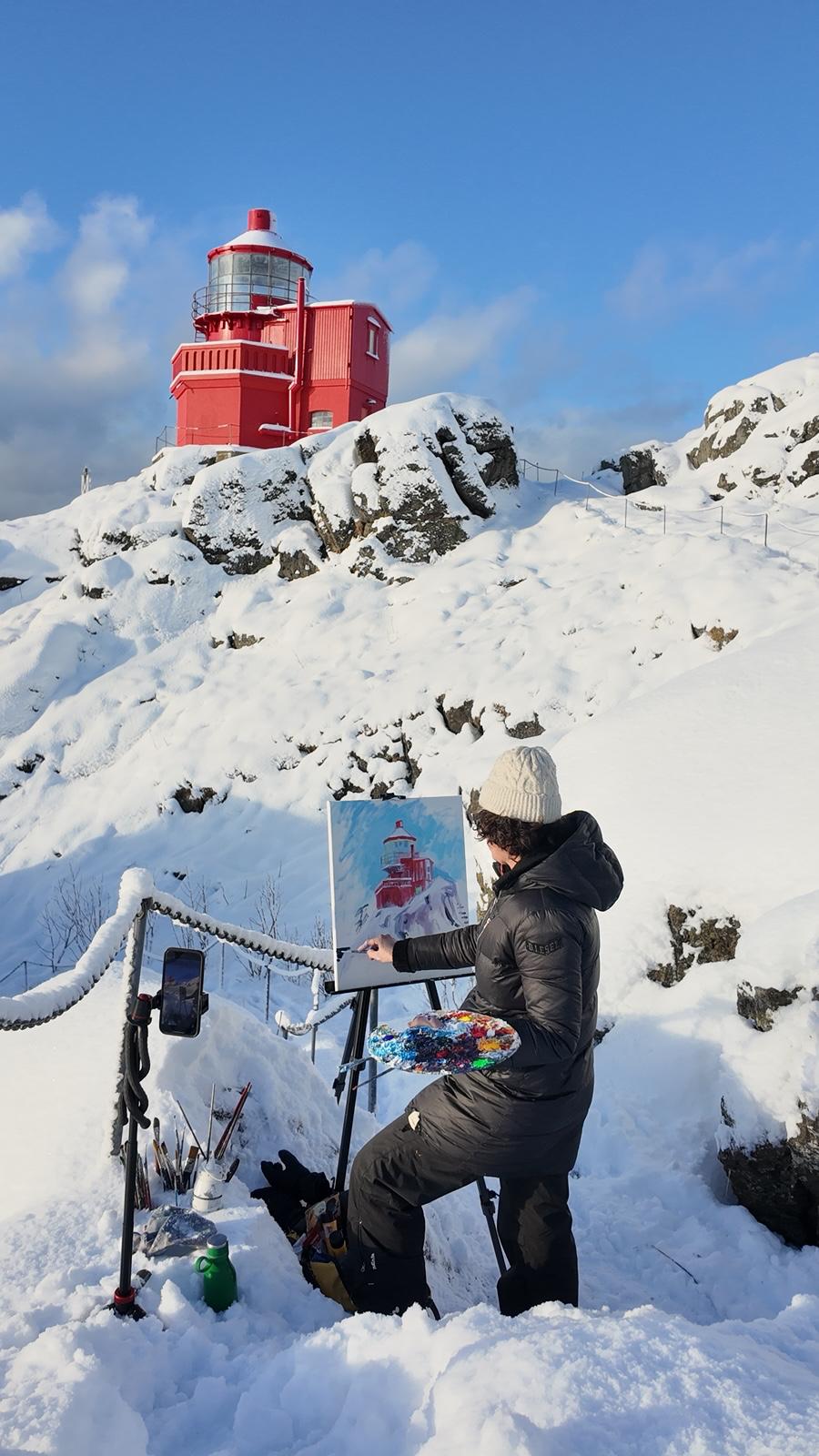 Sørvågen installation: aluminium prints on a wooden platform by the sea